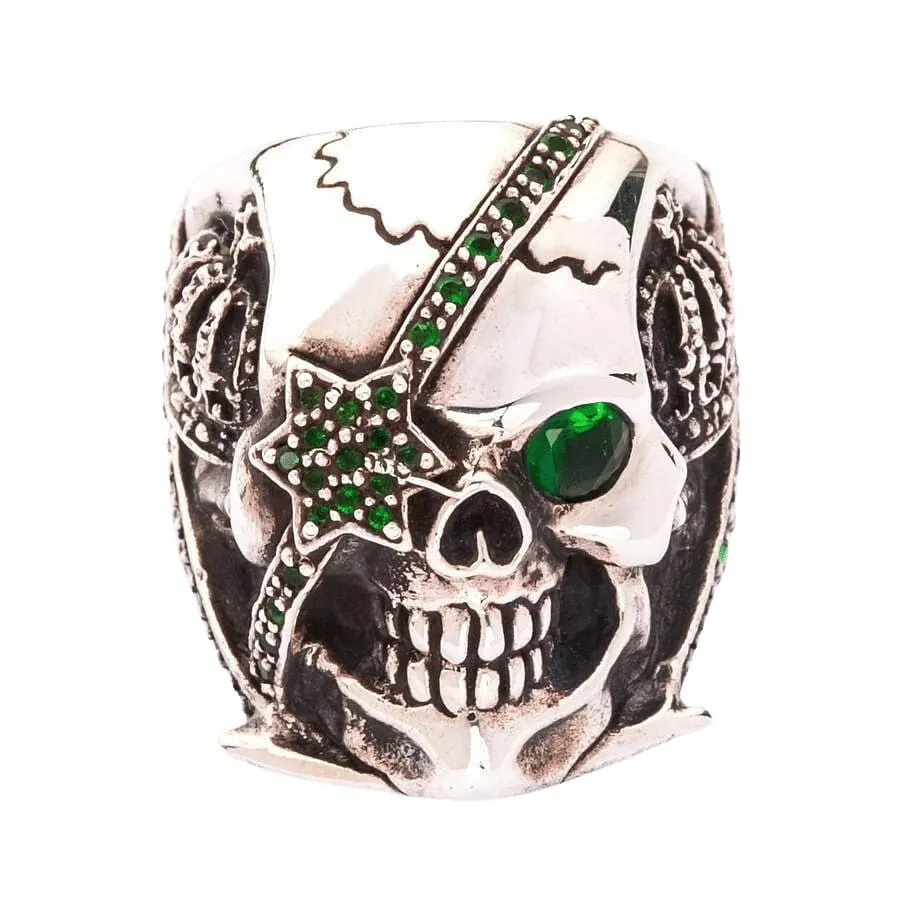Green Emerald Crown Pirate Sterling Silver Skull Ring