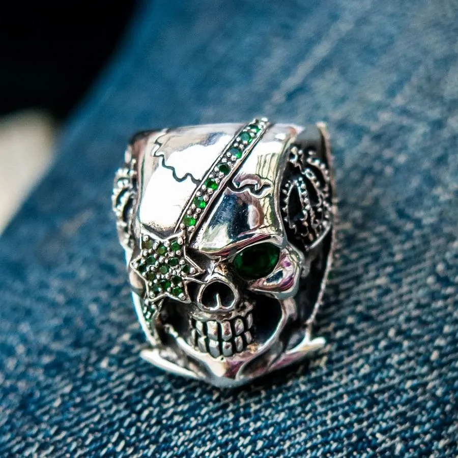 Green Emerald Crown Pirate Sterling Silver Skull Ring