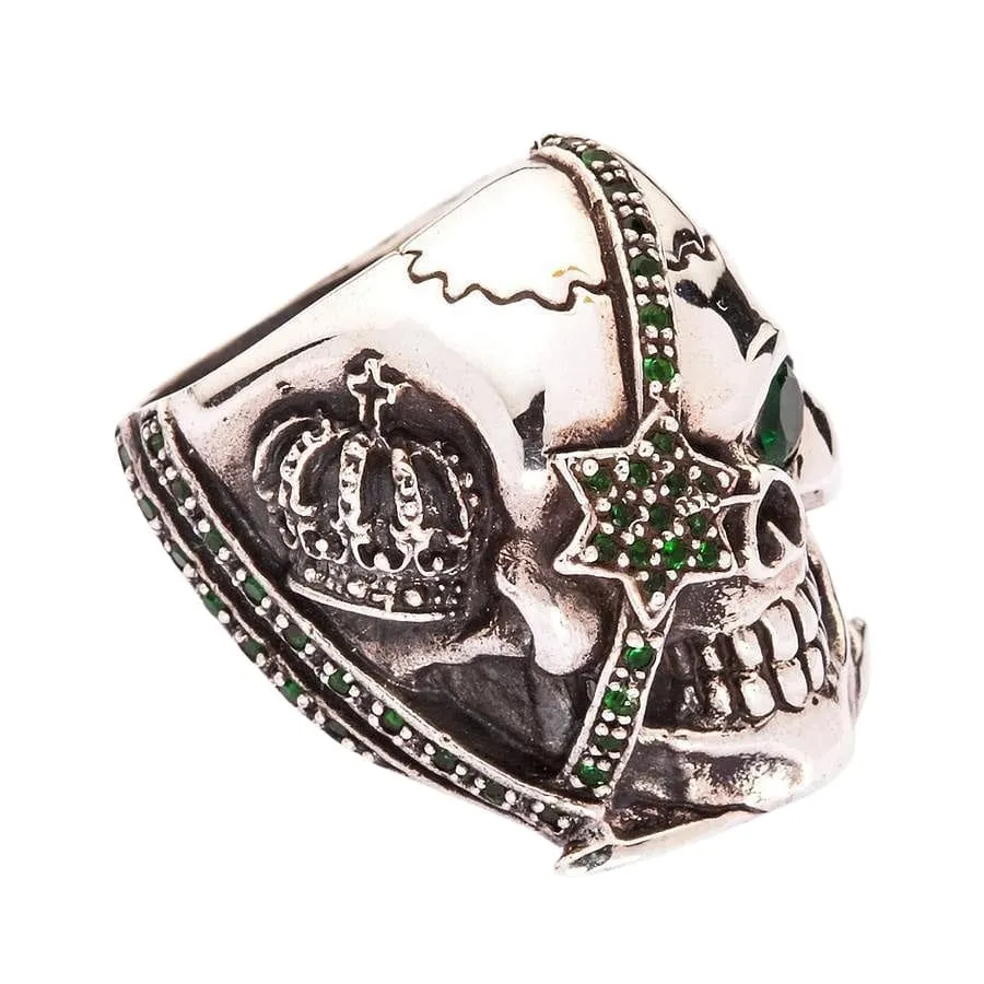 Green Emerald Crown Pirate Sterling Silver Skull Ring