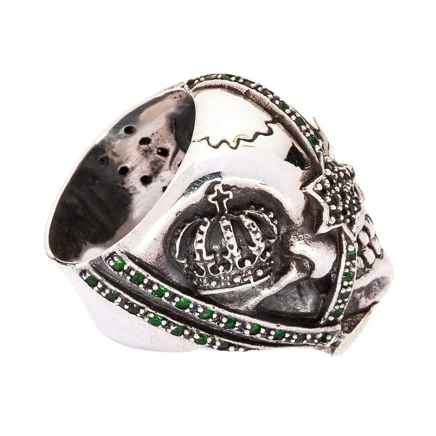 Green Emerald Crown Pirate Sterling Silver Skull Ring