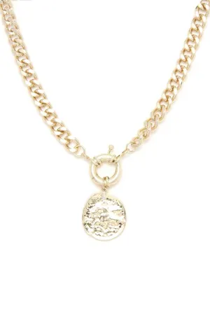 Hammered Coin Cuban Chain Link Metal Necklace
