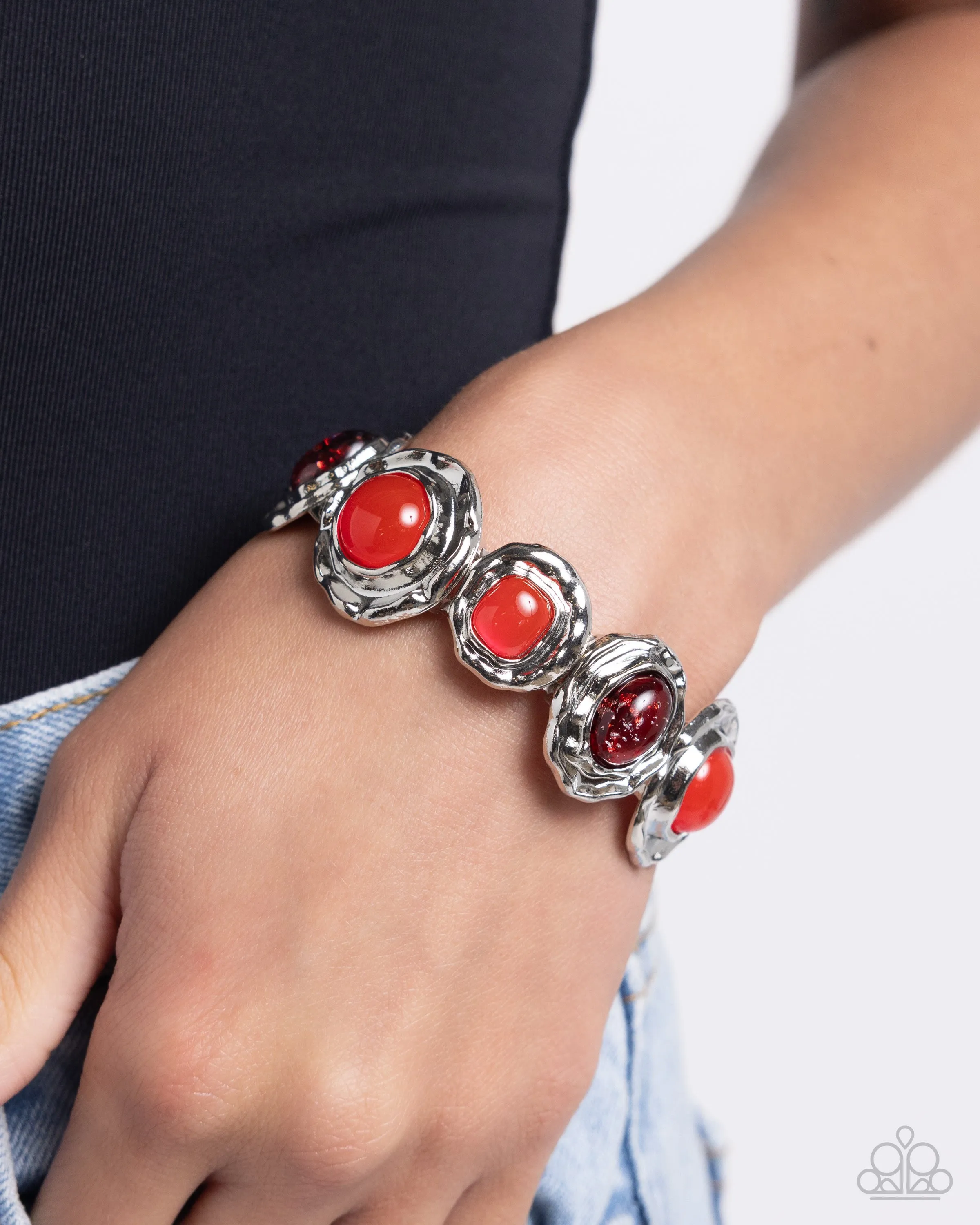 Hammered High - Red - and Encased Glitter Bead Paparazzi Stretchy Bracelet