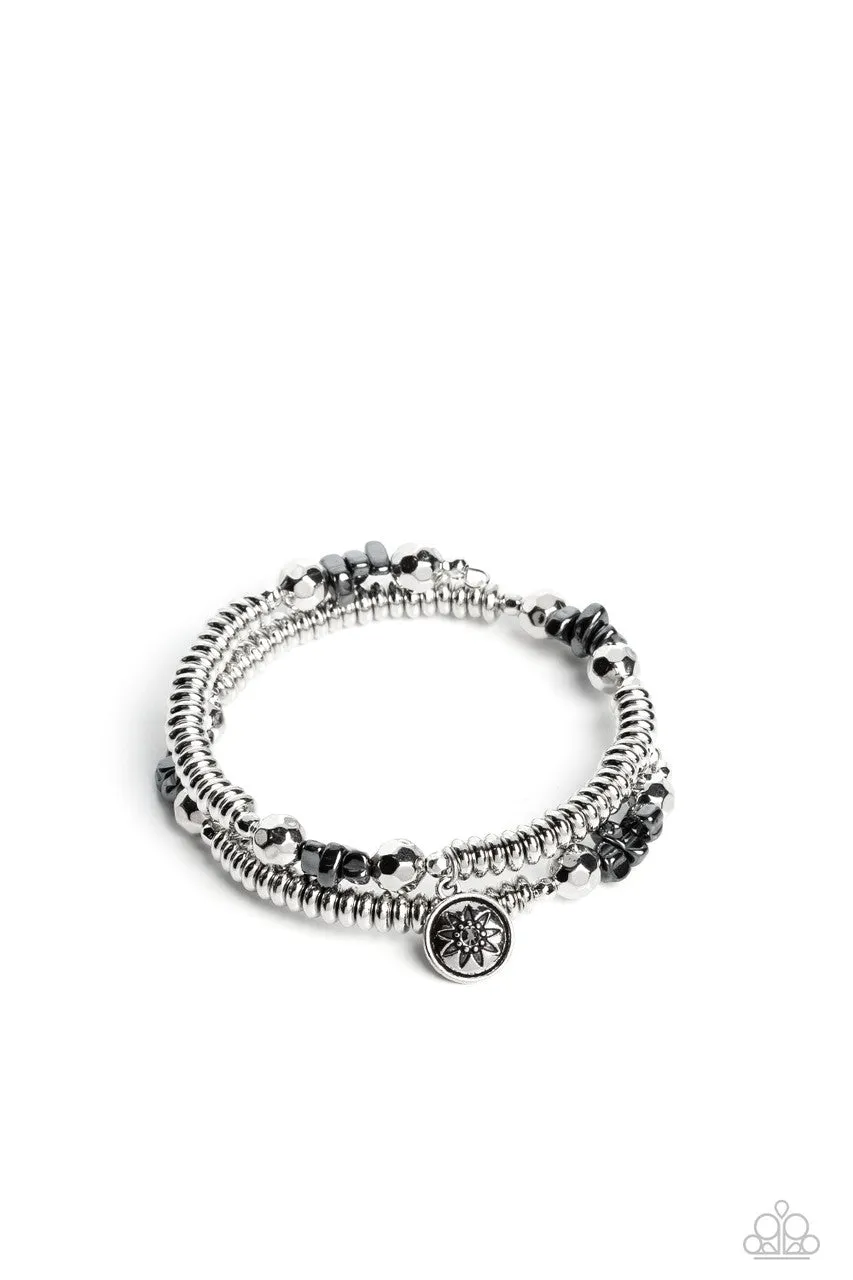 Handcrafted Heirloom - Silver - Hematite and Silver Beads Star Charm Paparazzi Coil Bracelet