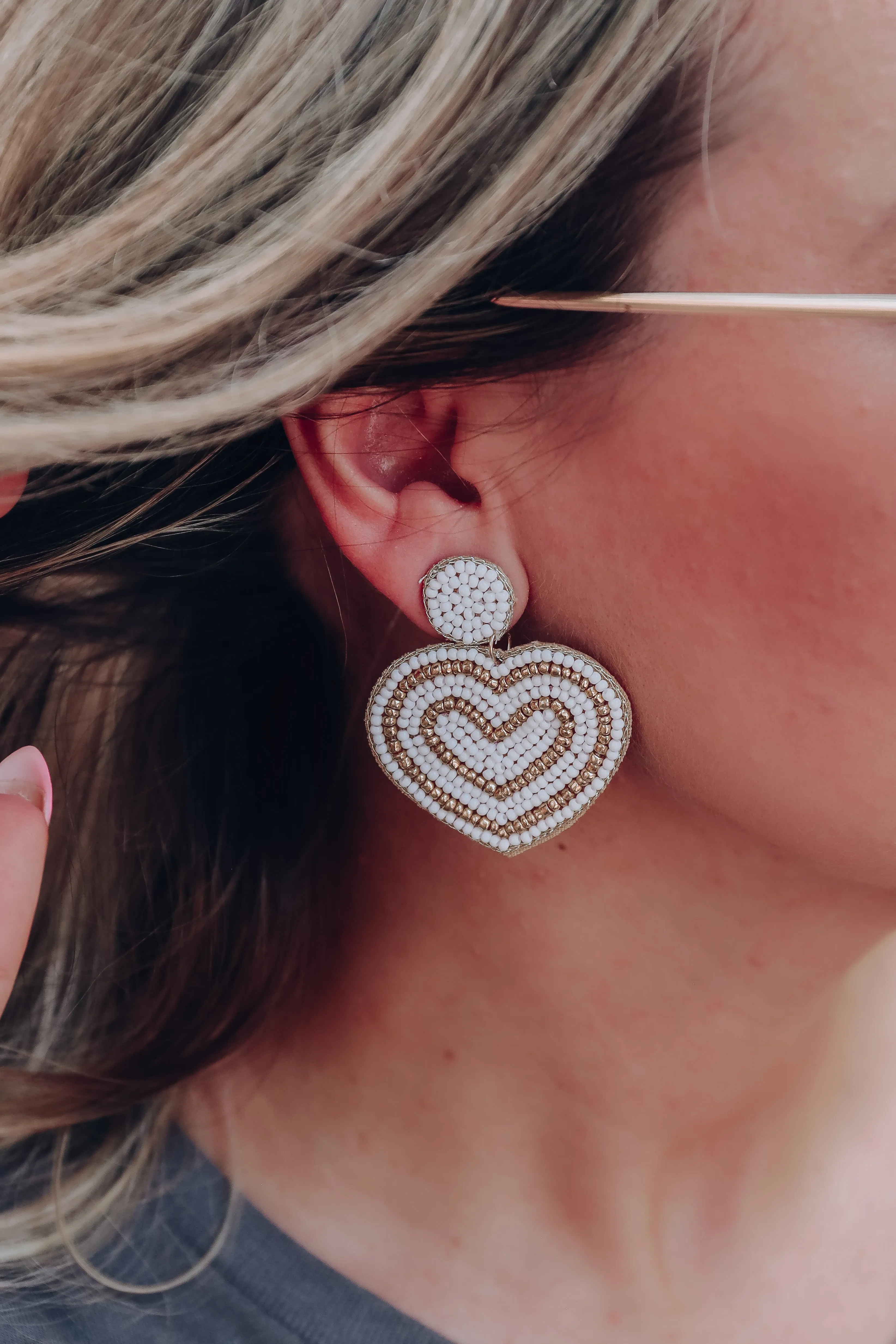 Heart Beaded Earrings - White