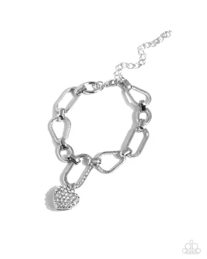 HEART Director - White - Rhinestone Encrusted Heart Silver Chain Paparazzi Lobster Claw Bracelet