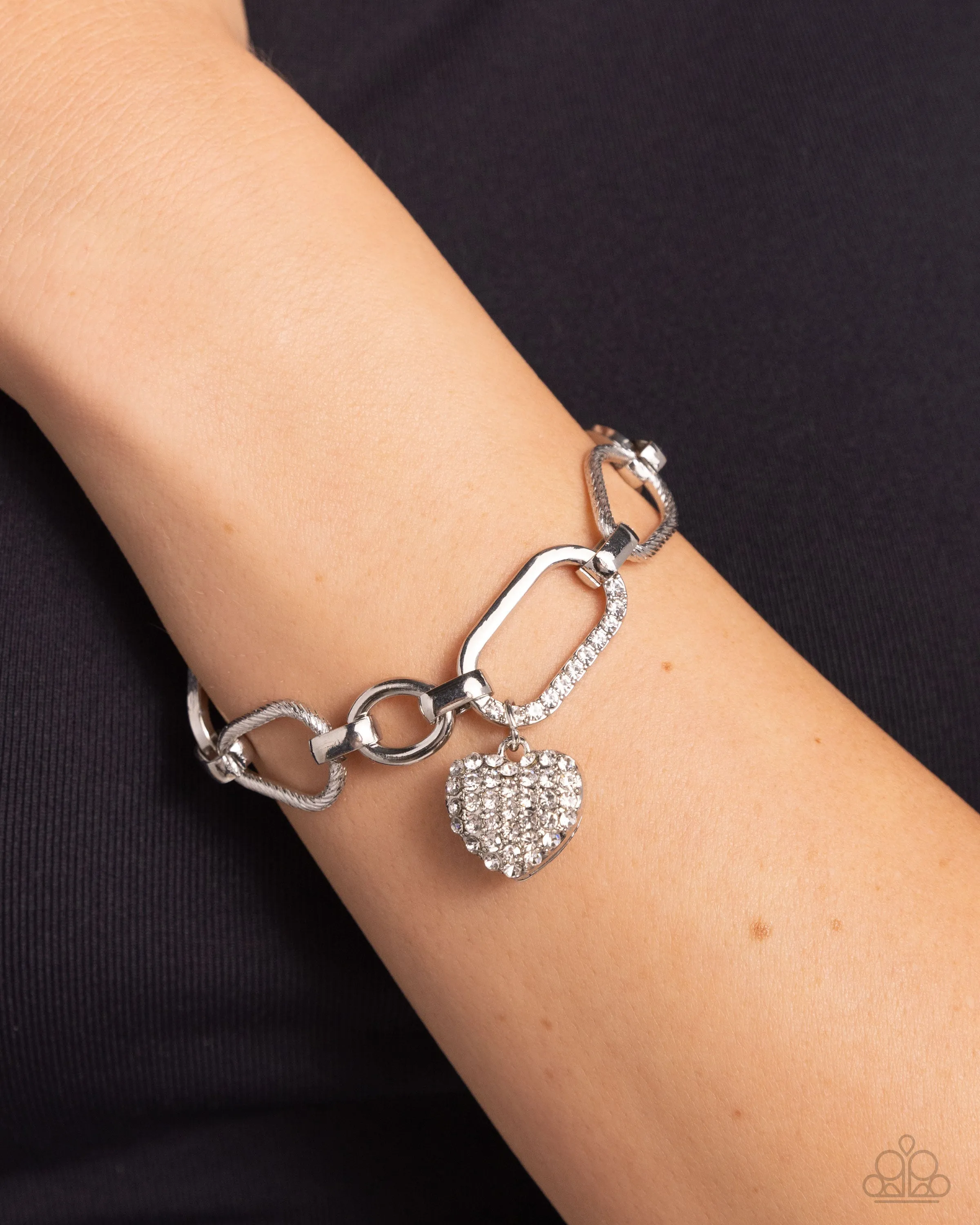 HEART Director - White - Rhinestone Encrusted Heart Silver Chain Paparazzi Lobster Claw Bracelet