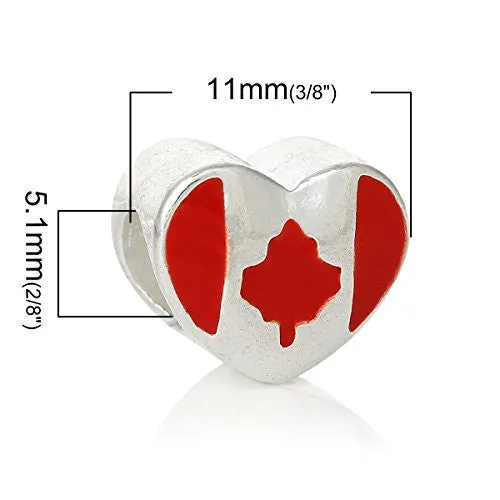 Heart with Canada Flag Pattern Charm Compatible with European Snake Chain Charm Bracelet