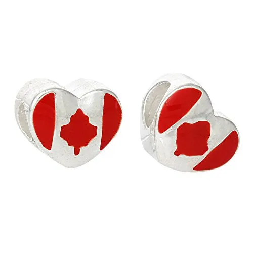 Heart with Canada Flag Pattern Charm Compatible with European Snake Chain Charm Bracelet
