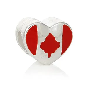 Heart with Canada Flag Pattern Charm Compatible with European Snake Chain Charm Bracelet