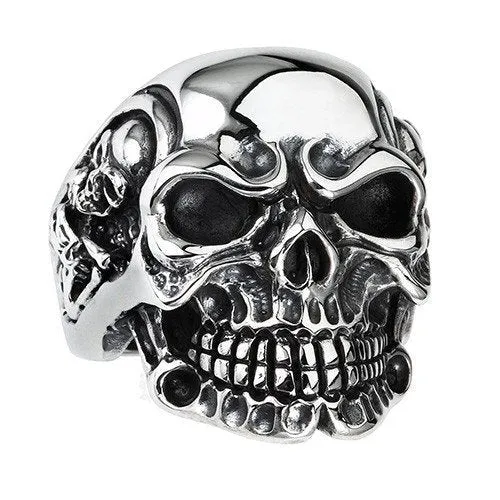 Heavy Biker Skull Ring With Side Skeletons (#010)
