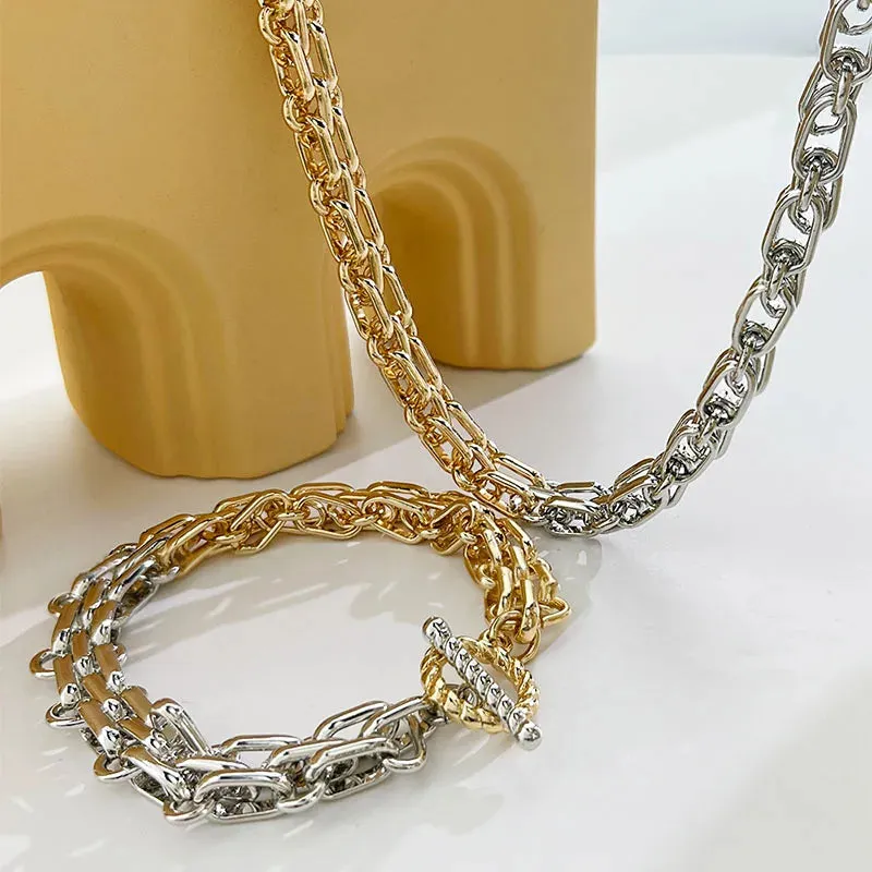Hip Hop Two Tone Thick Wide Link Chains Chunky Necklace for Woman OT Buckle Metal Choker Necklaces Statement Jewelry Gift