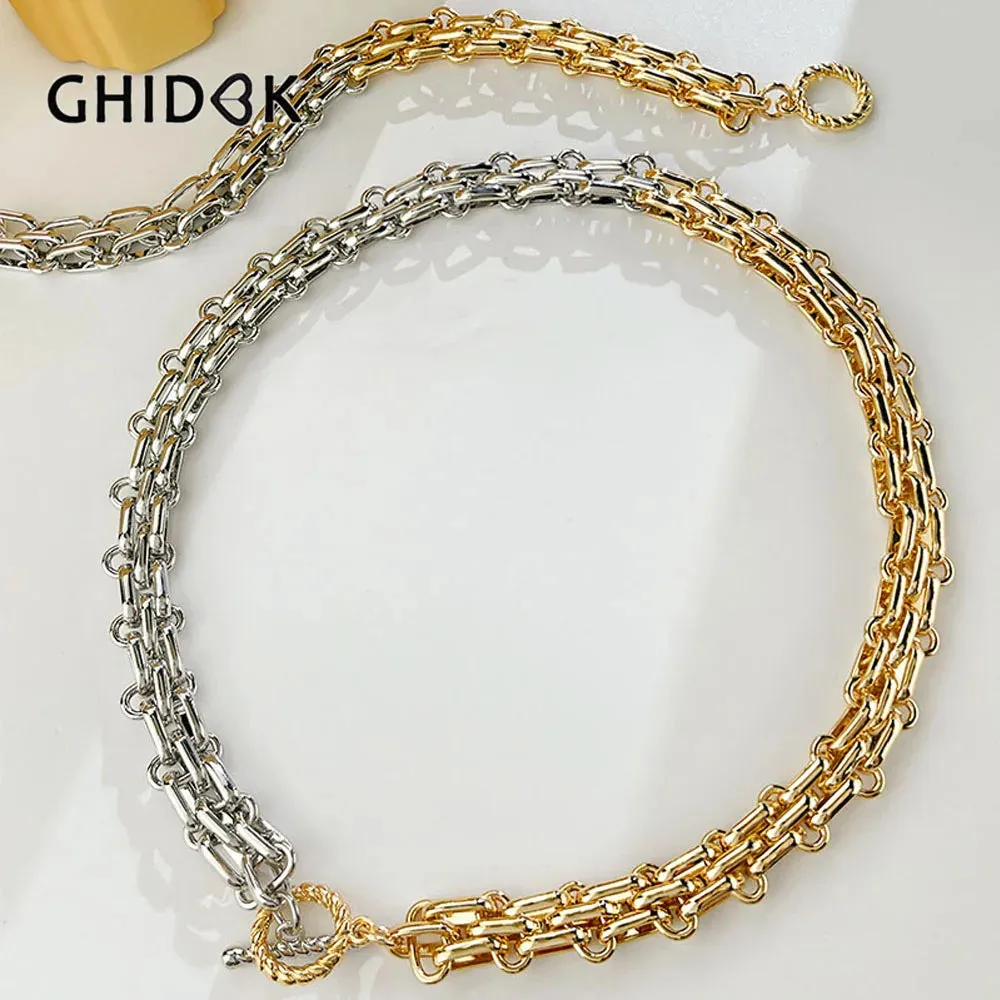 Hip Hop Two Tone Thick Wide Link Chains Chunky Necklace for Woman OT Buckle Metal Choker Necklaces Statement Jewelry Gift