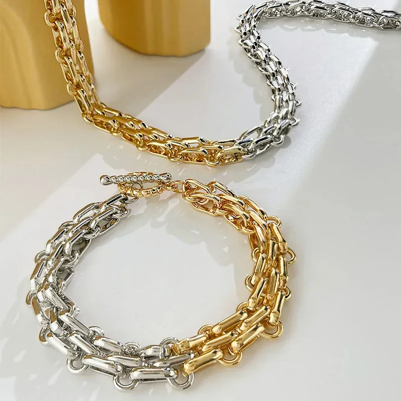 Hip Hop Two Tone Thick Wide Link Chains Chunky Necklace for Woman OT Buckle Metal Choker Necklaces Statement Jewelry Gift