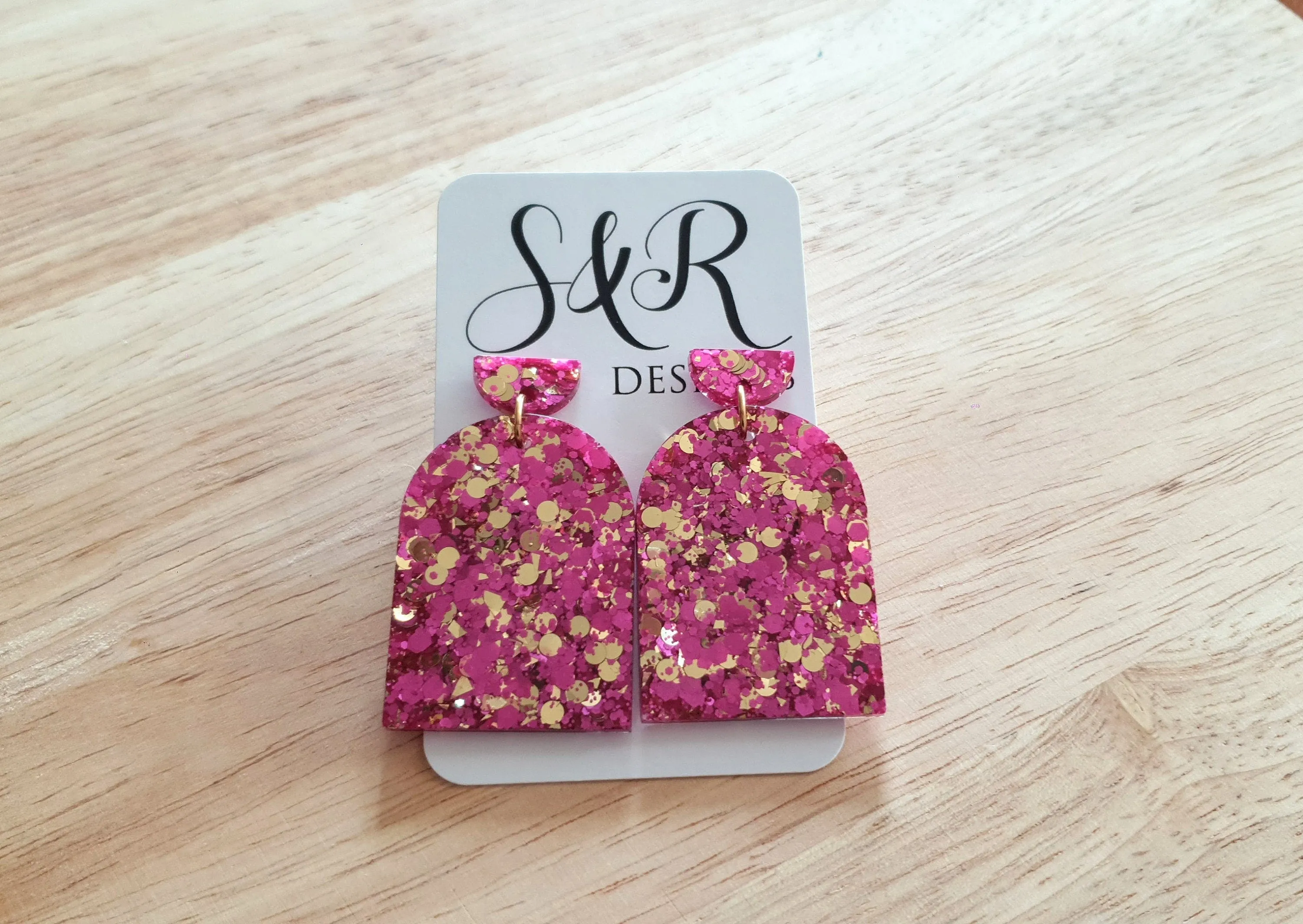 Hot Pink and Gold Glitter Arch Earrings, Pink Gold mix Chunky Glitter Handmade Resin Dangles, Statement Earrings