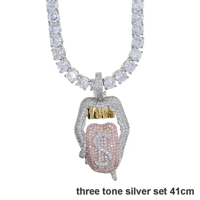 Iced out white pink mouth pendant Dollar symbol engraved hiphop bling cz pave tennis chain dripping Lip men boy necklace jewelry