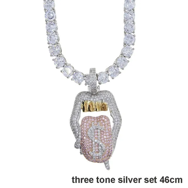 Iced out white pink mouth pendant Dollar symbol engraved hiphop bling cz pave tennis chain dripping Lip men boy necklace jewelry