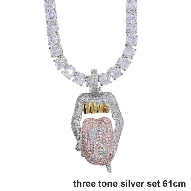 Iced out white pink mouth pendant Dollar symbol engraved hiphop bling cz pave tennis chain dripping Lip men boy necklace jewelry