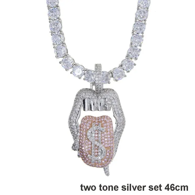 Iced out white pink mouth pendant Dollar symbol engraved hiphop bling cz pave tennis chain dripping Lip men boy necklace jewelry