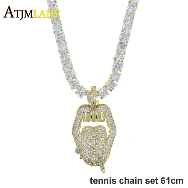 Iced out white pink mouth pendant Dollar symbol engraved hiphop bling cz pave tennis chain dripping Lip men boy necklace jewelry