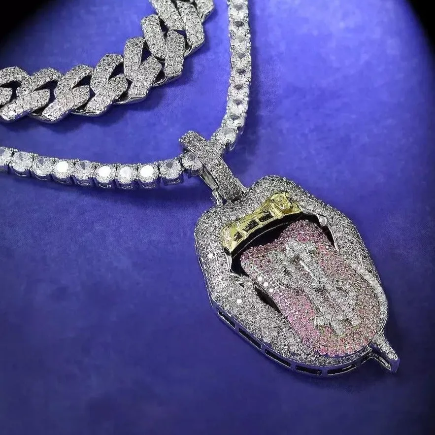Iced out white pink mouth pendant Dollar symbol engraved hiphop bling cz pave tennis chain dripping Lip men boy necklace jewelry
