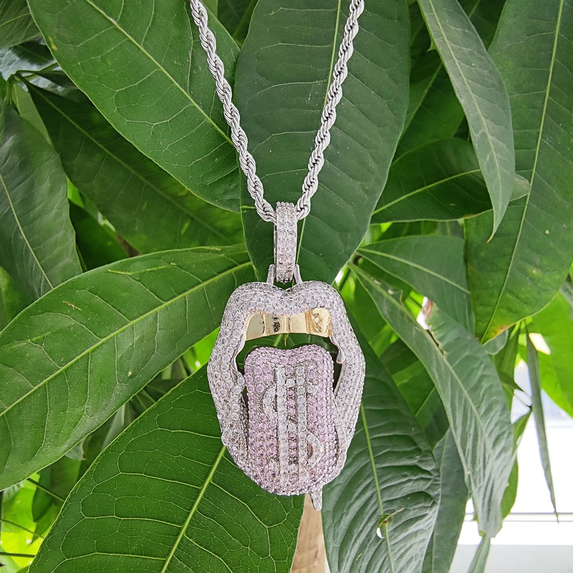 Iced out white pink mouth pendant Dollar symbol engraved hiphop bling cz pave tennis chain dripping Lip men boy necklace jewelry