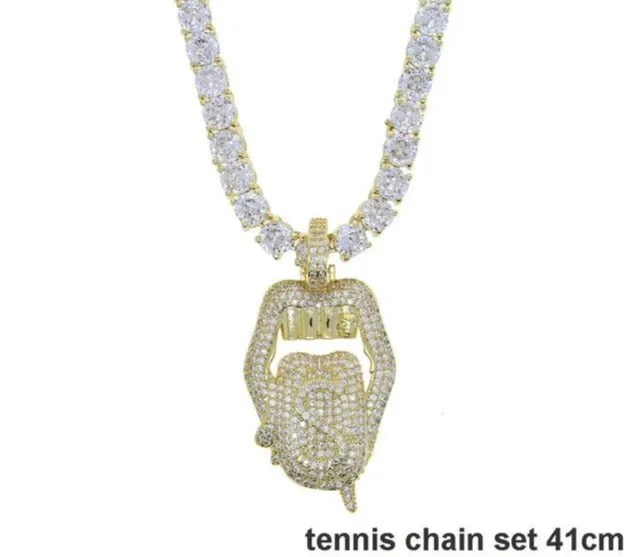 Iced out white pink mouth pendant Dollar symbol engraved hiphop bling cz pave tennis chain dripping Lip men boy necklace jewelry