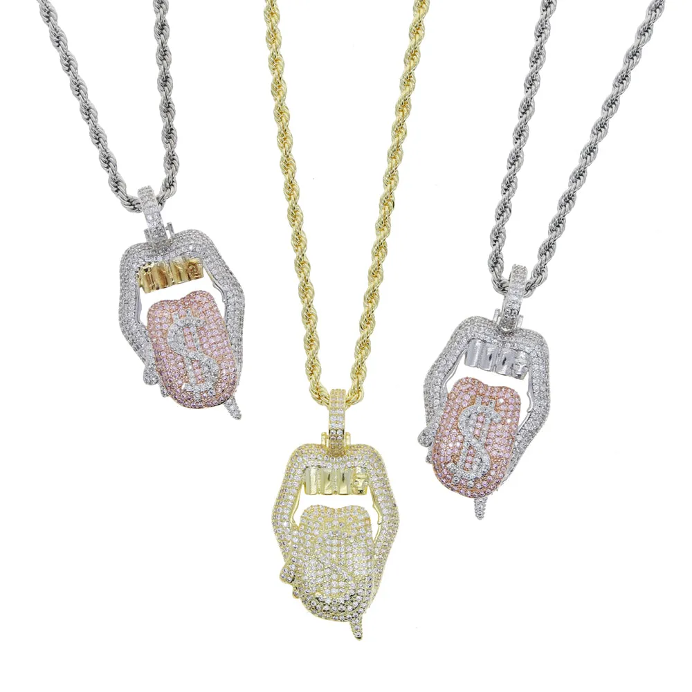 Iced out white pink mouth pendant Dollar symbol engraved hiphop bling cz pave tennis chain dripping Lip men boy necklace jewelry