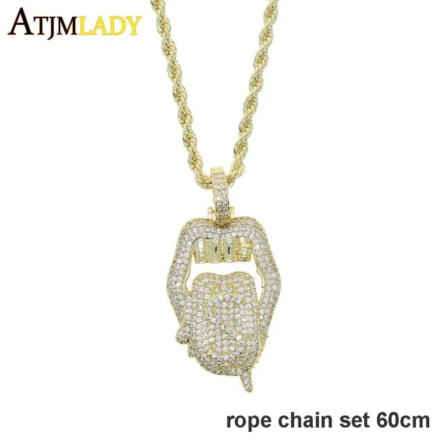 Iced out white pink mouth pendant Dollar symbol engraved hiphop bling cz pave tennis chain dripping Lip men boy necklace jewelry