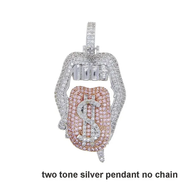 Iced out white pink mouth pendant Dollar symbol engraved hiphop bling cz pave tennis chain dripping Lip men boy necklace jewelry