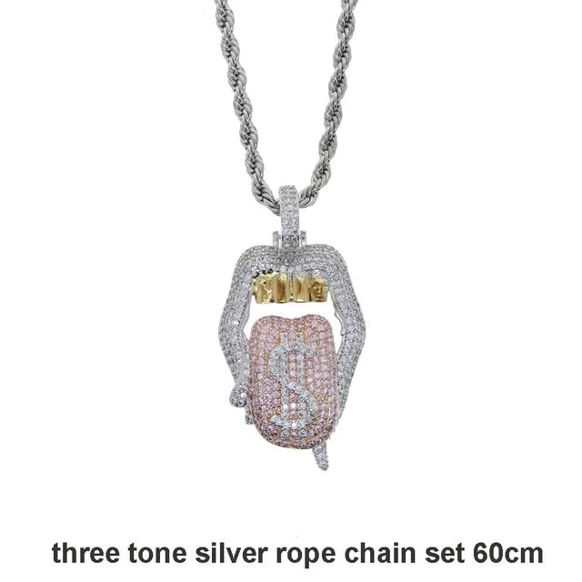 Iced out white pink mouth pendant Dollar symbol engraved hiphop bling cz pave tennis chain dripping Lip men boy necklace jewelry
