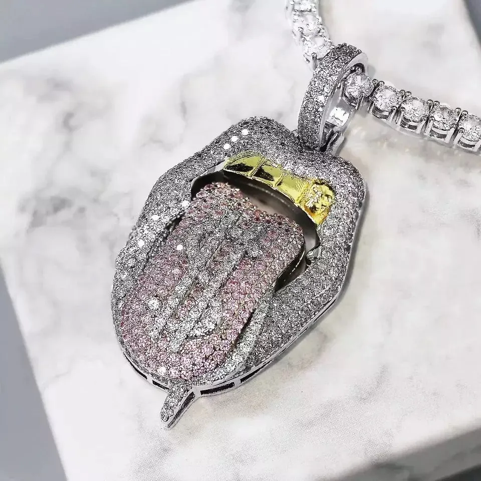 Iced out white pink mouth pendant Dollar symbol engraved hiphop bling cz pave tennis chain dripping Lip men boy necklace jewelry