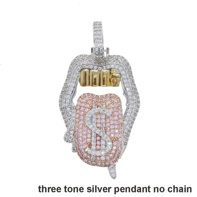 Iced out white pink mouth pendant Dollar symbol engraved hiphop bling cz pave tennis chain dripping Lip men boy necklace jewelry