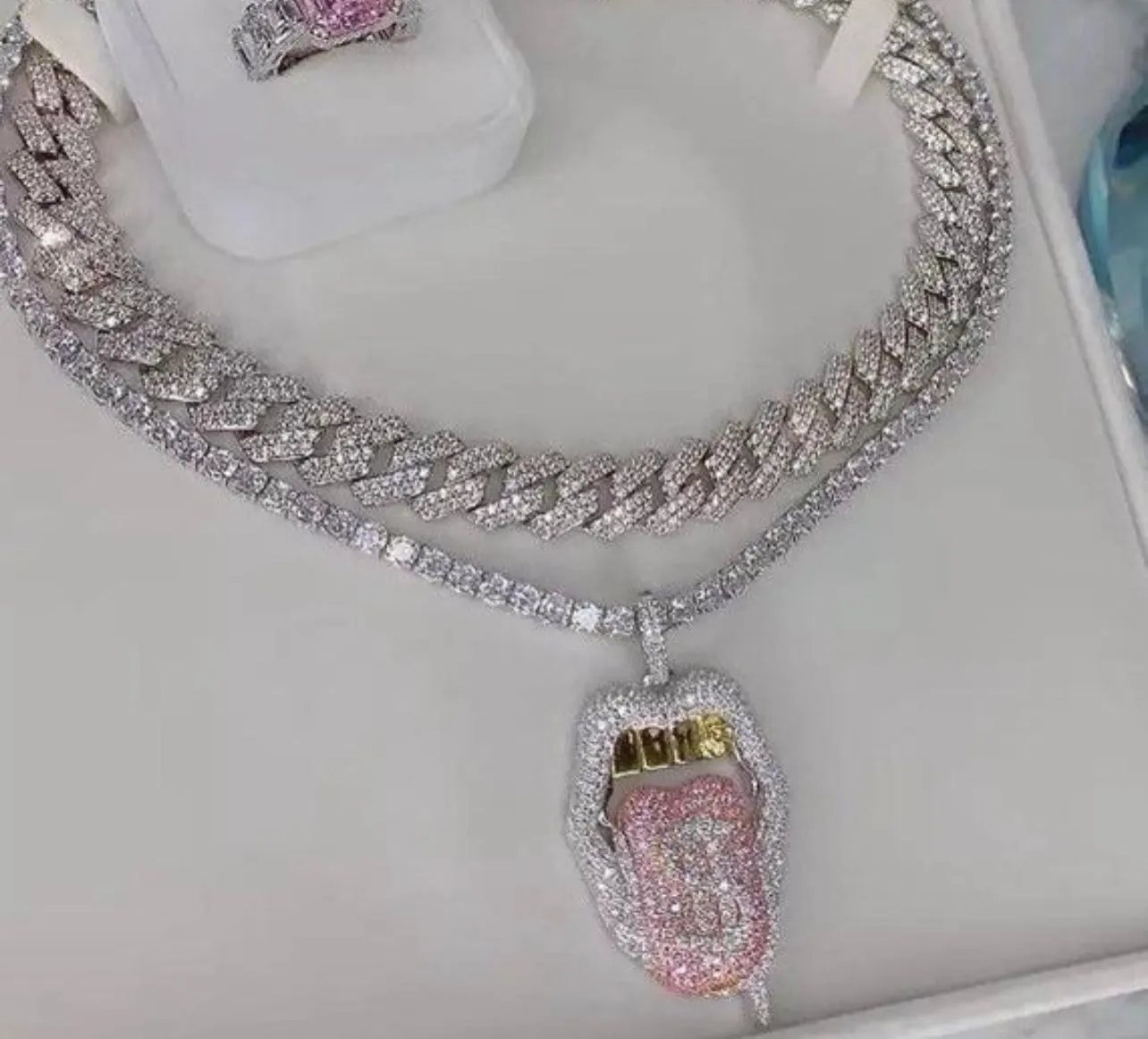 Iced out white pink mouth pendant Dollar symbol engraved hiphop bling cz pave tennis chain dripping Lip men boy necklace jewelry