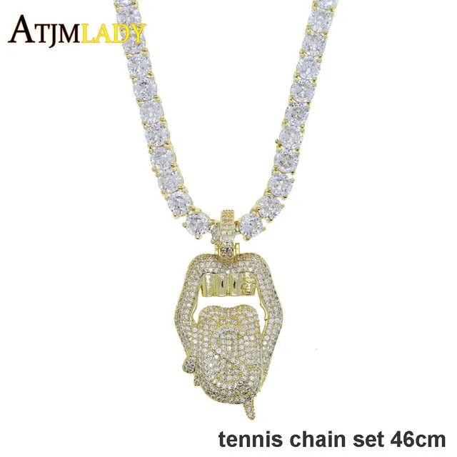 Iced out white pink mouth pendant Dollar symbol engraved hiphop bling cz pave tennis chain dripping Lip men boy necklace jewelry