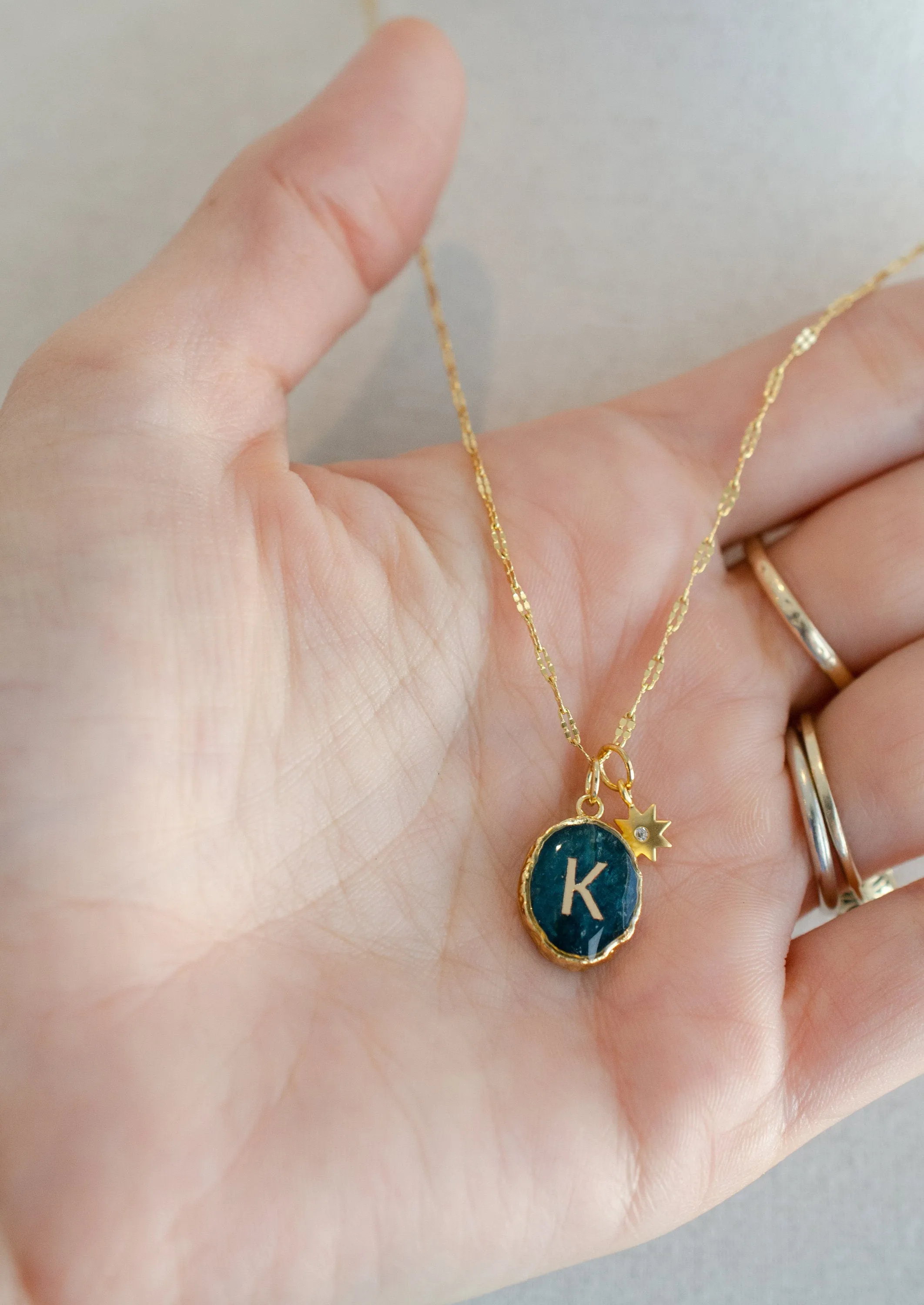 Initial Gemstone Charm Necklace, Celestial necklace, Anniversary necklace, mom necklace, bridesmaid gift, birthstone necklace, gift for her