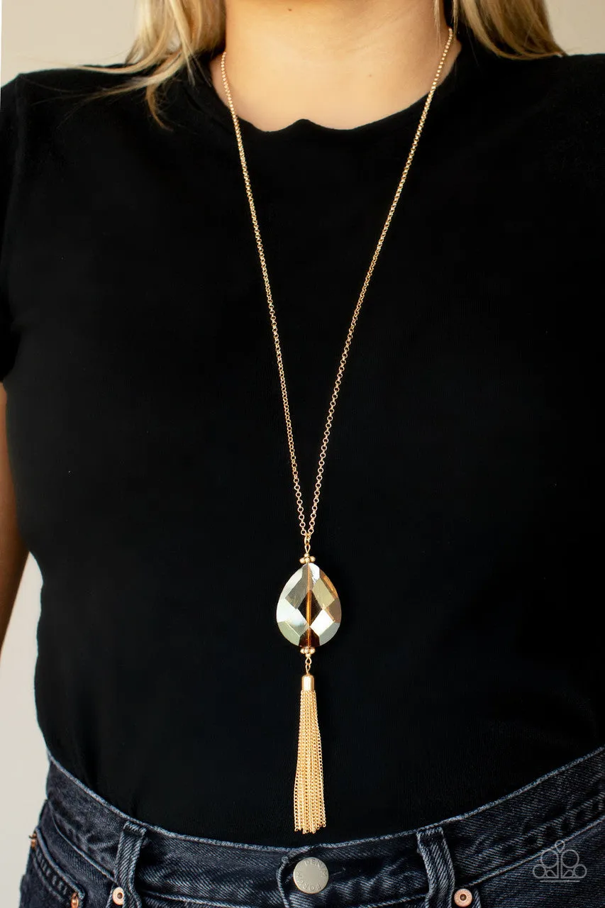 Interstellar Solstice - Gold - UV Teardrop Iridescent Gem Tassel Paparazzi Long Necklace