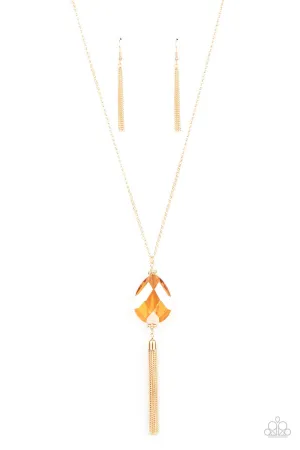 Interstellar Solstice - Gold - UV Teardrop Iridescent Gem Tassel Paparazzi Long Necklace