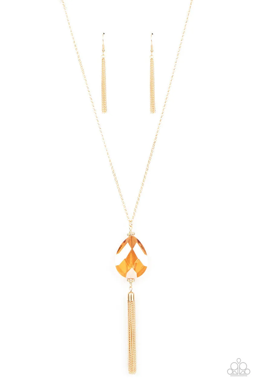 Interstellar Solstice - Gold - UV Teardrop Iridescent Gem Tassel Paparazzi Long Necklace
