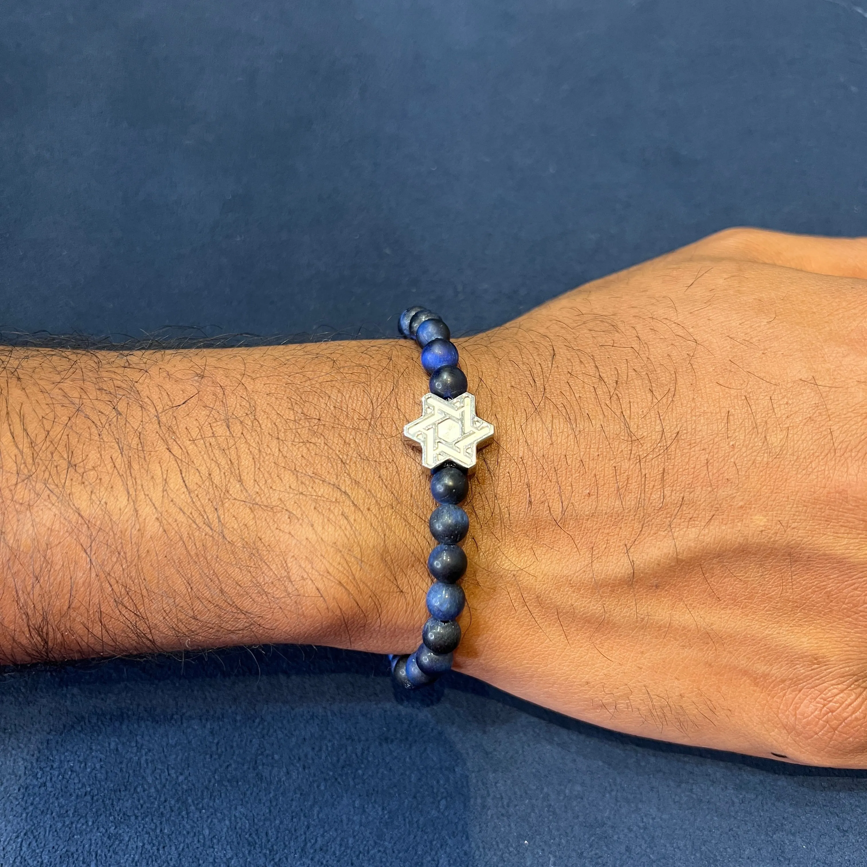 Italgem Stainless Steel Star of David and Blue Beaded Stretch Bracelet