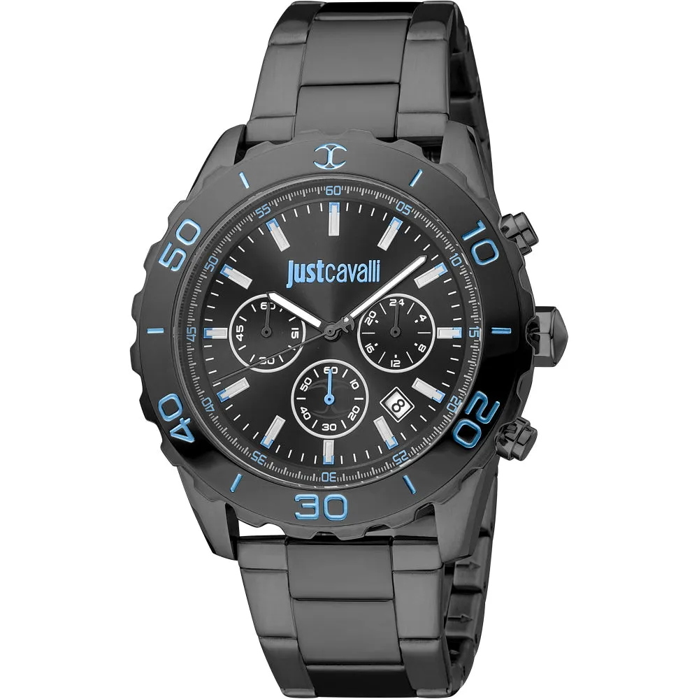 Just Cavalli Gents Black Blue Dial Black Stainless Steel WAtch