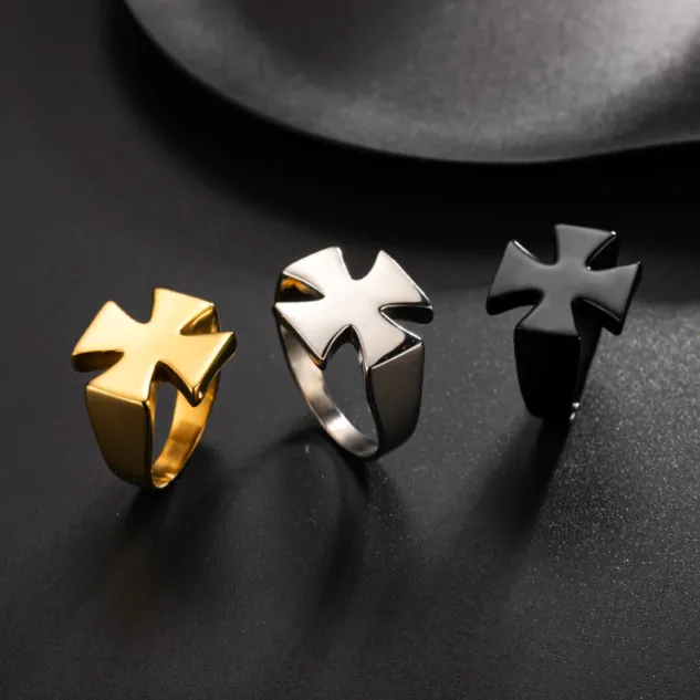 Knights Templar Ring - Stainless Steel Polished Signet [Silver, Black, Gold]