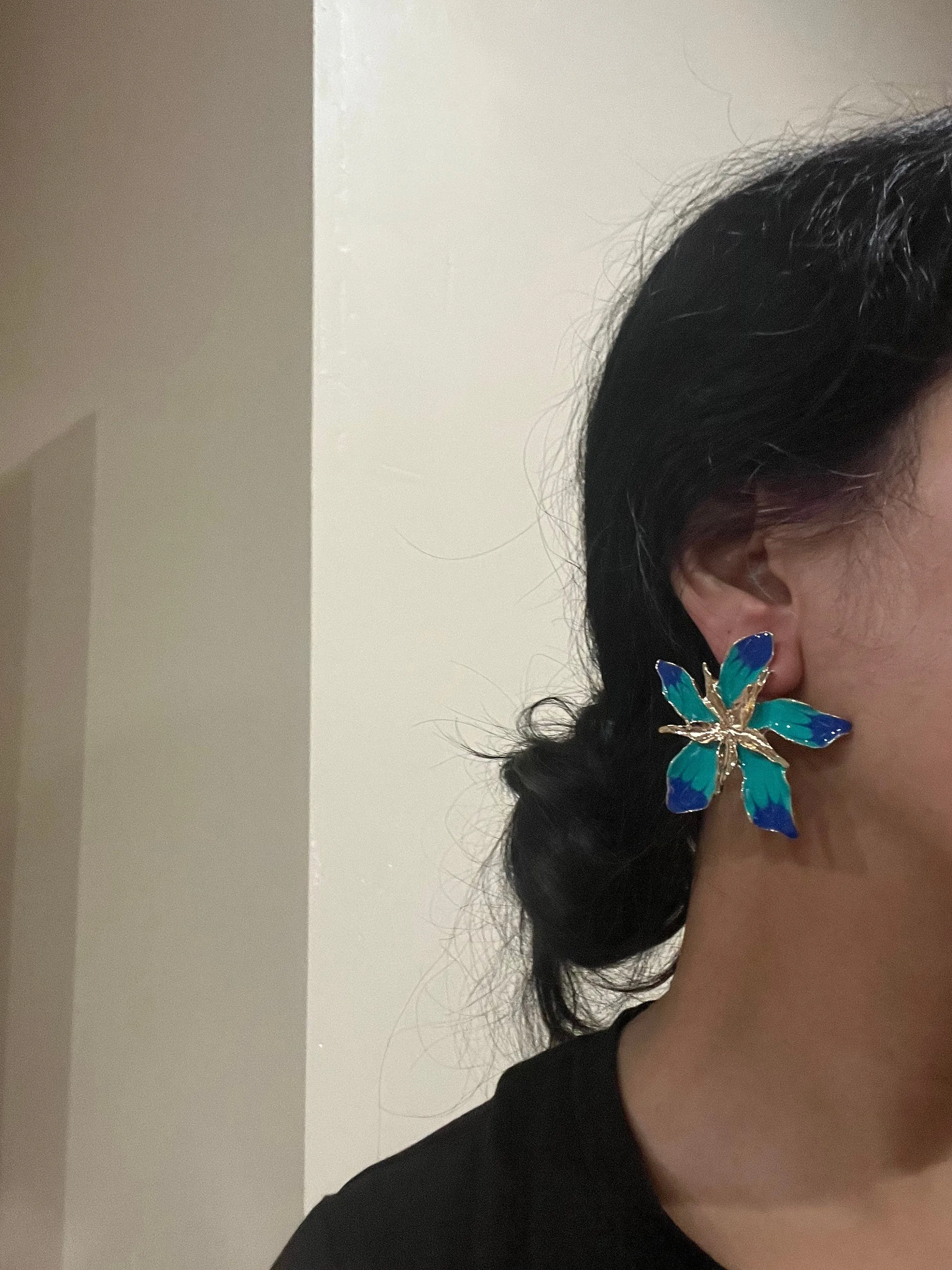 Large Blue earrings stud Flower turquoise sea green royal blue gold Pageant oversized  Earrings