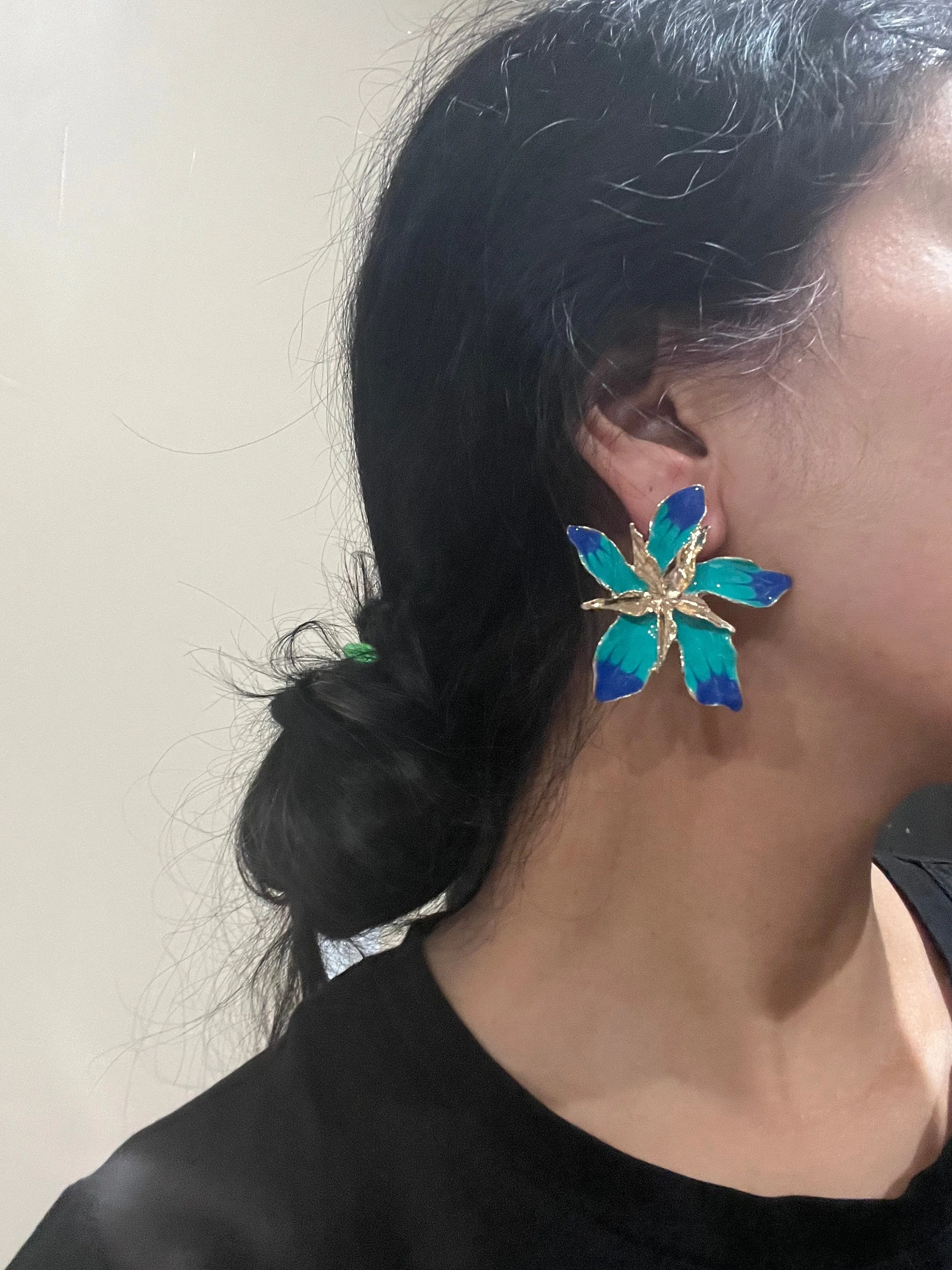 Large Blue earrings stud Flower turquoise sea green royal blue gold Pageant oversized  Earrings