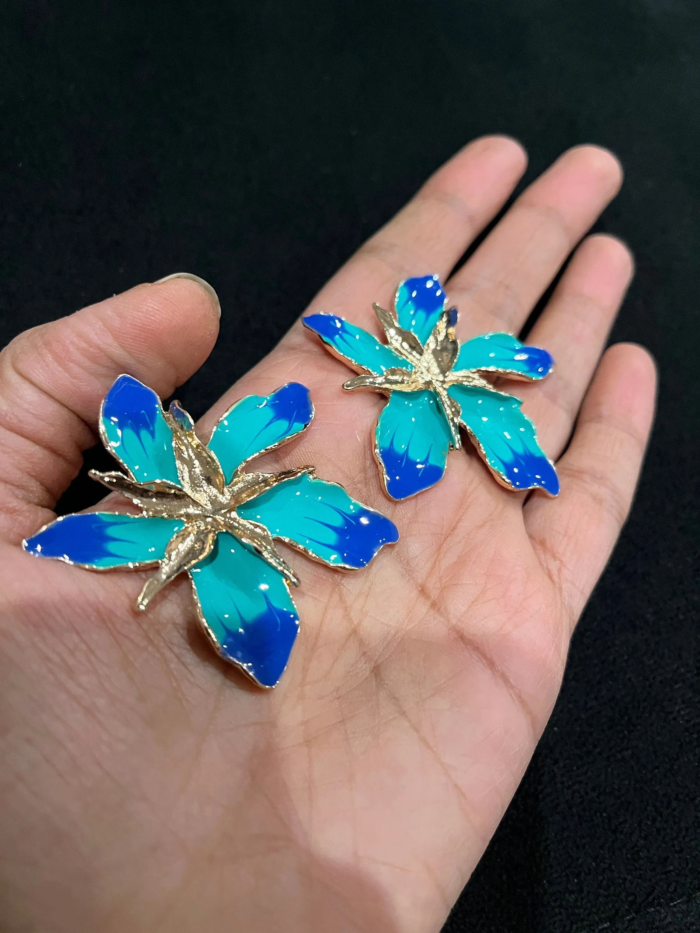 Large Blue earrings stud Flower turquoise sea green royal blue gold Pageant oversized  Earrings