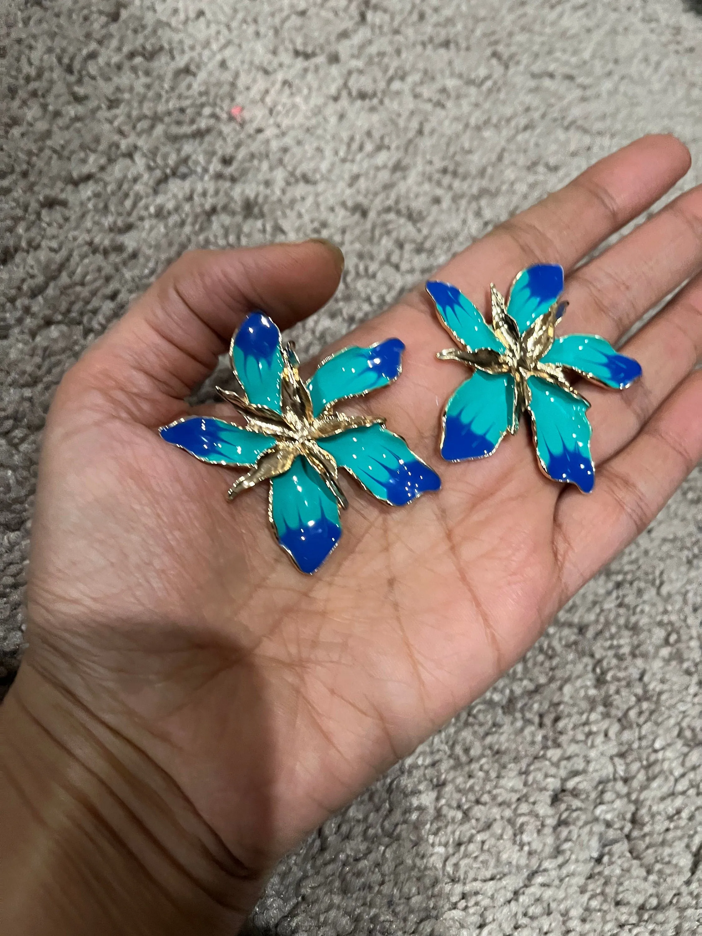 Large Blue earrings stud Flower turquoise sea green royal blue gold Pageant oversized  Earrings