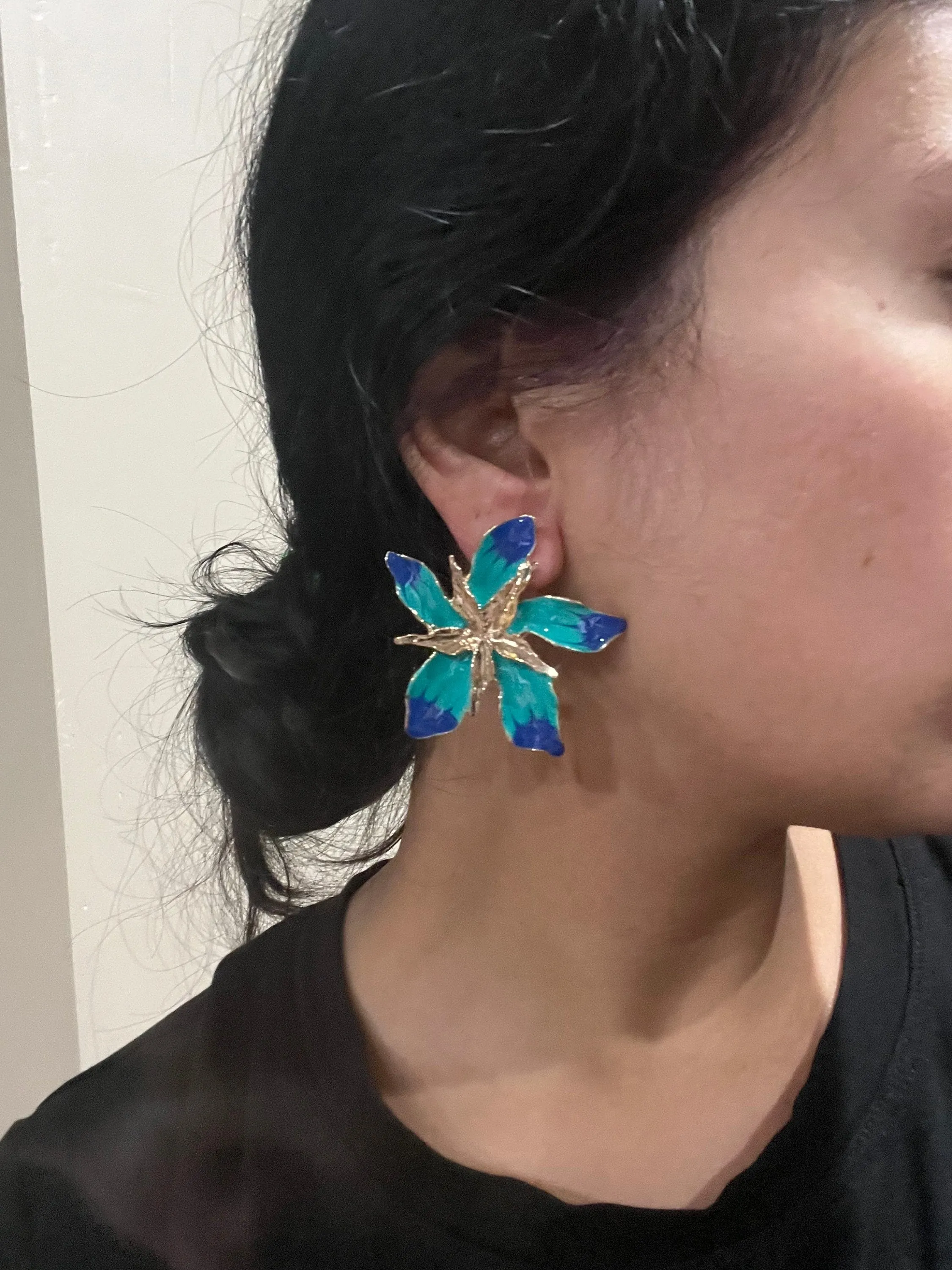 Large Blue earrings stud Flower turquoise sea green royal blue gold Pageant oversized  Earrings