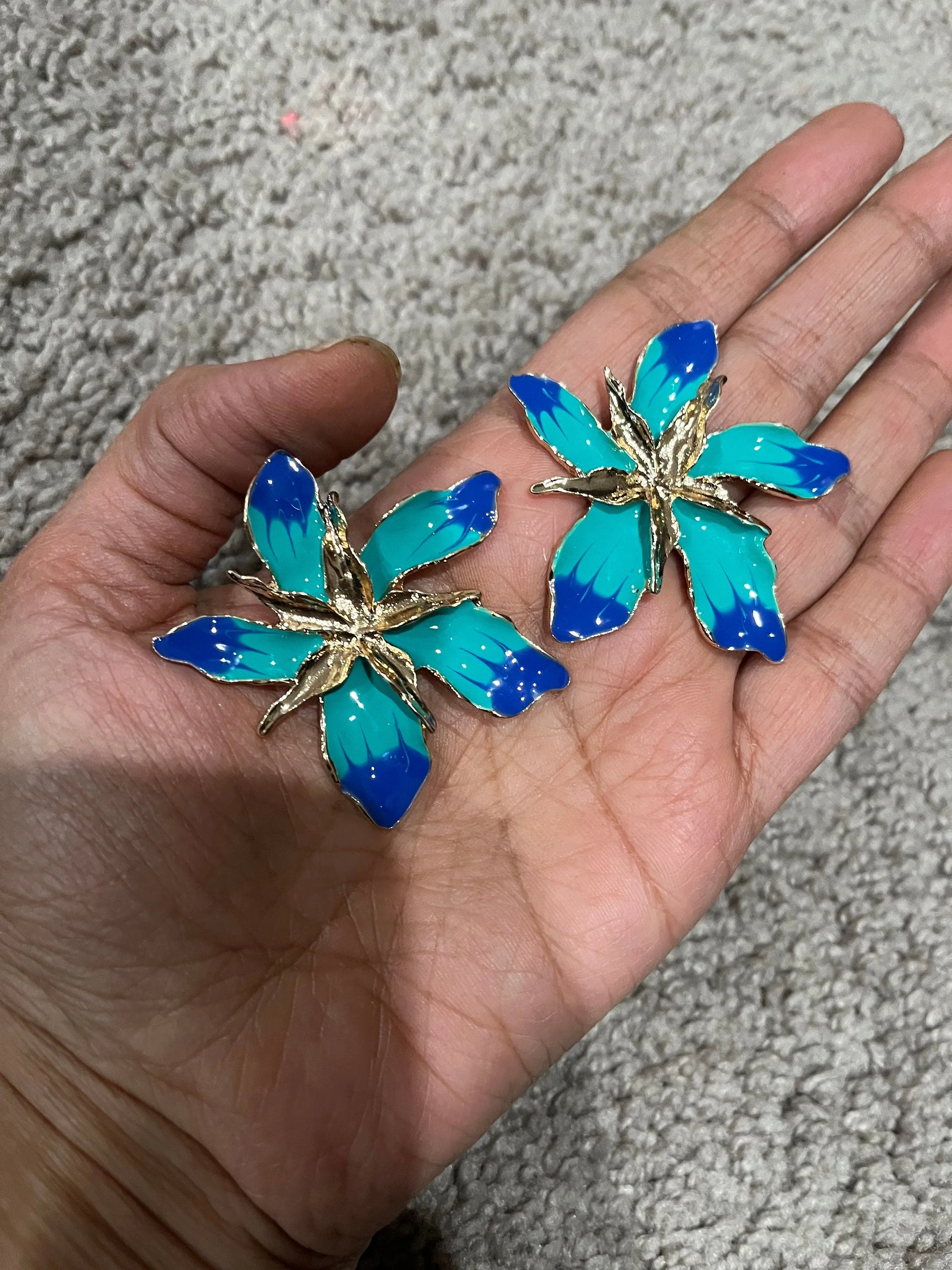 Large Blue earrings stud Flower turquoise sea green royal blue gold Pageant oversized  Earrings