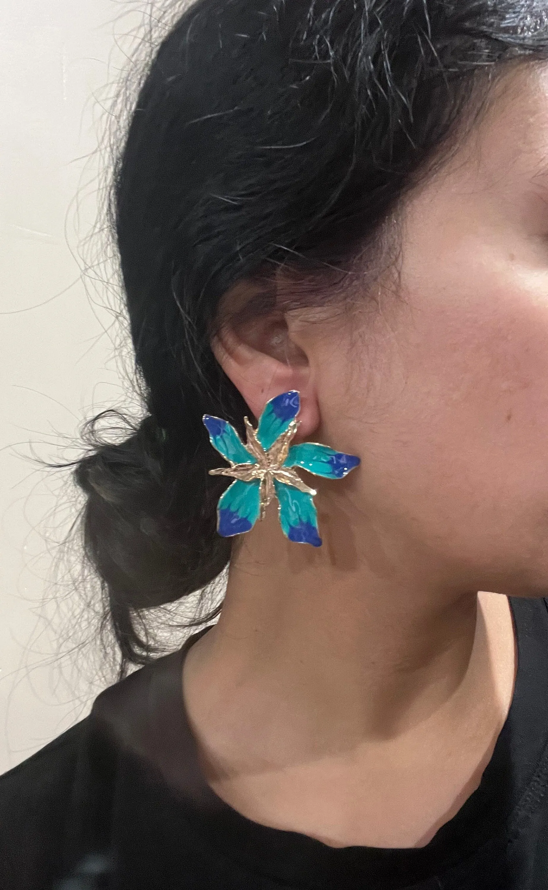 Large Blue earrings stud Flower turquoise sea green royal blue gold Pageant oversized  Earrings