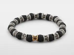 Lava Beads, One Gold Link, Oxidized Sterling Silver Bracelet