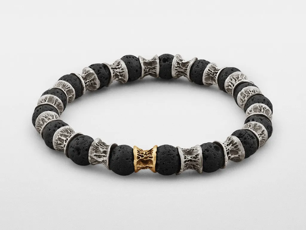 Lava Beads, One Gold Link, Oxidized Sterling Silver Bracelet